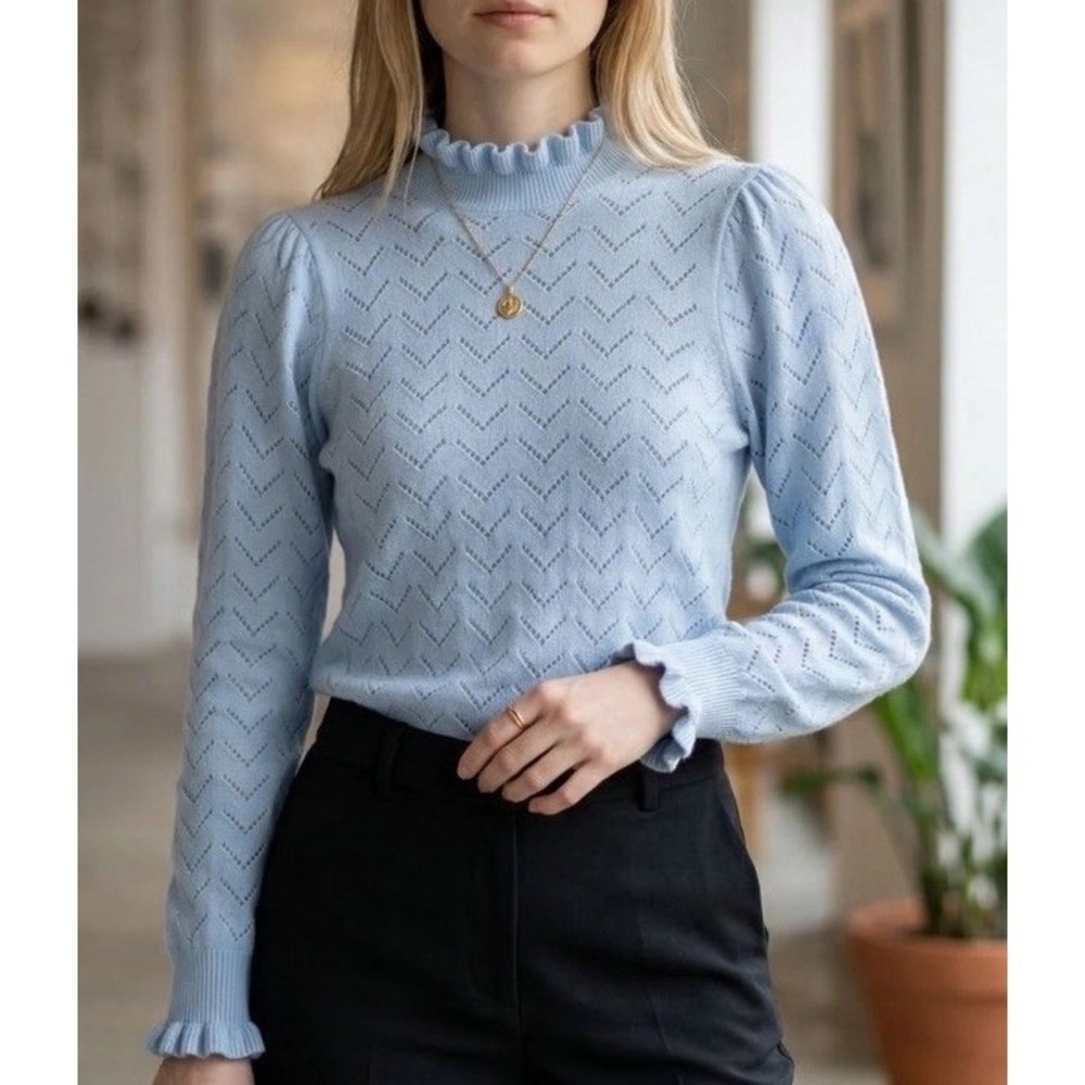 J.Crew 100% Cashmere Sweater Sz S Light Blue Pointelle Ruffle Mock Neck Romantic